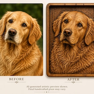 Può includere: Un confronto fianco a fianco di un cane Golden Retriever. L'immagine a sinistra è una fotografia del cane. L'immagine a destra è un'intaglio in legno del cane in una cornice rettangolare. I testi "PRIMA" e "DOPO" sono sotto. Il testo "Anteprima artistica generata dall'IA. Il pezzo finale fatto a mano può variare." è sotto.