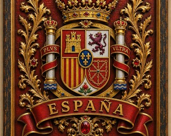 Spanish Coat of Arms Wooden Plaque, Spain Royal Crest, CNC Carved Wood Wall Decor, España Heraldic Shield, 22×22 cm Handmade Gift