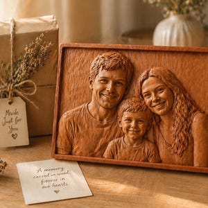 May include: A wooden relief carving of a family of three, with detailed facial features and clothing. The carving is in a rectangular frame. A gift box with a tag that says "Made Just for You" is next to the carving. A small card reads "A memory carved in wood, forever in our hearts."