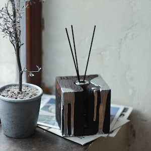 Könnte beinhalten: Ein dekorativer Holz-Diffusor für ätherische Öle mit silbernen Farbtropfen. Der würfelförmige Diffusor hält schwarze Schilfrohre und steht auf einem Stapel Zeitungen. Eine kleine Topfpflanze befindet sich im Hintergrund.