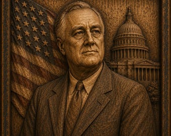 Franklin D Roosevelt Wood Relief Portrait, FDR Wooden Wall Art, American President Carving, Patriotic Home Decor, Handmade Presidential Gift