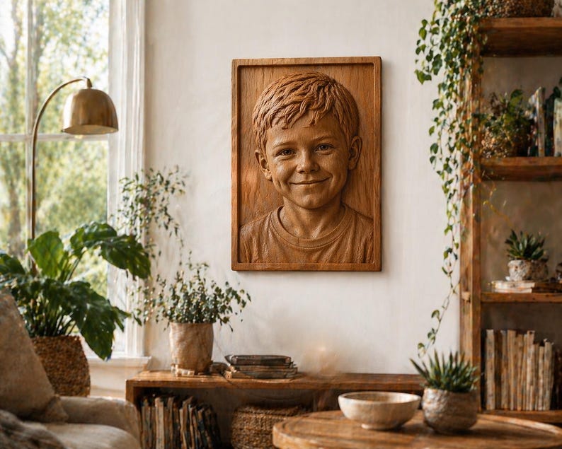 May include: A wooden relief carving of a smiling child's face, framed in a rectangular wooden border. The carving is mounted on a white wall, with natural light from a nearby window illuminating the details of the boy's hair and expression. The artwork is a portrait.