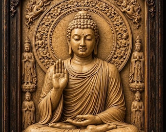 Buddha Wooden Relief | Hand-Carved Buddhist Wall Art | Zen Meditation Decor | Spiritual Wood Carving Gift