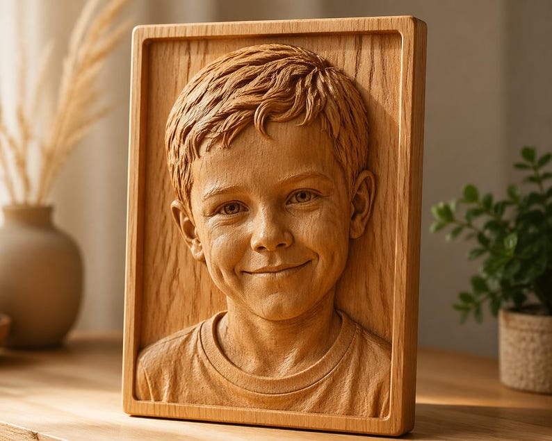 May include: A wooden relief carving of a smiling child's face, set within a rectangular frame. The carving is detailed, showing the child's hair, facial features, and a t-shirt. The wood has a natural, light brown color.