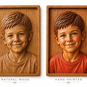 May include: Two wooden relief portraits of a smiling child. One is natural wood, the other is hand-painted with a red shirt and rosy cheeks. The portraits are framed in a rectangular wooden border, with text at the bottom.