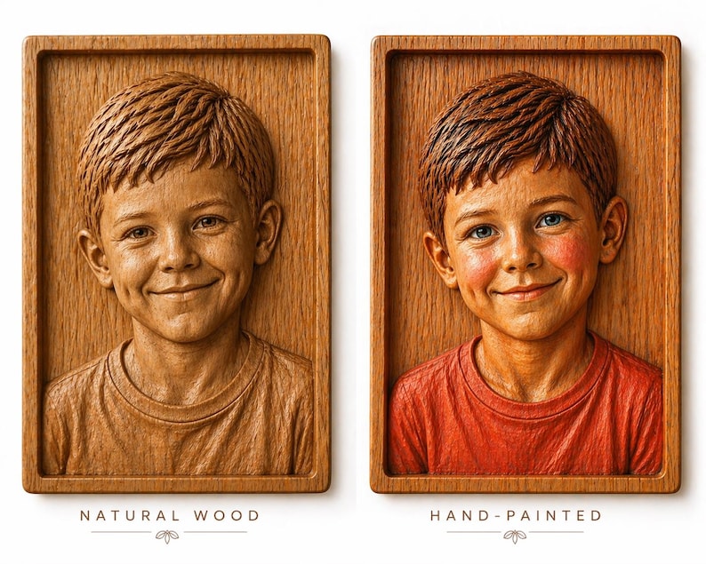 May include: Two wooden relief portraits of a smiling child. One is natural wood, the other is hand-painted with a red shirt and rosy cheeks. The portraits are framed in a rectangular wooden border, with text at the bottom.