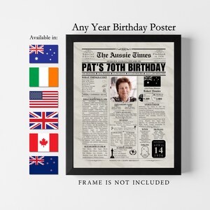 May include: A framed newspaper-style birthday poster titled The Aussie Times, featuring a photograph of a person, historical facts from 1956, and a list of national flags including Australia, Ireland, the USA, the UK, Canada, and New Zealand.