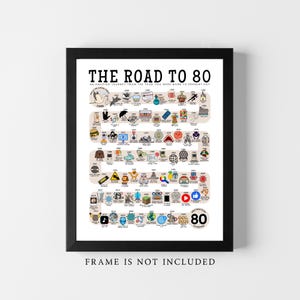 May include: A framed poster titled THE ROAD TO 80, AN AMAZING JOURNEY FROM THE YEAR YOU WERE BORN TO PRESENT DAY. The design features a winding timeline path with small colourful illustrations representing historical events from 1946 to 2025.
