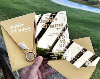 Gold Mirror Acrylic Wedding Invitation Set: Foil Stamped RSVP Card