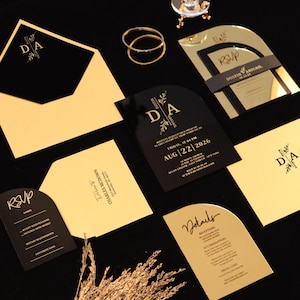 Luxus-Hochzeitseinladung aus Acryl in Schwarz - Individueller Goldfoliendruck - Elegantes Laser-Cut-Design - Perfekt für Hochzeiten und besondere Anlässe