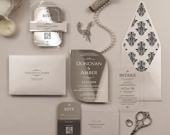 Silver Mirror Acrylic Wedding Invitation Set: Modern Elegant White Print