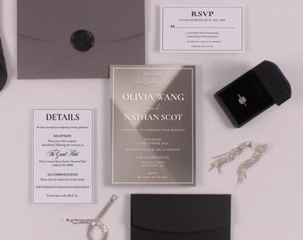 Silver Mirror Acrylic Wedding Invitation Set: Elegant White Print