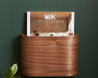 Tijdschriftenrek - aan de muur opgehangen - walnootfineer - 10" breed x 7" hoog x 3" diep