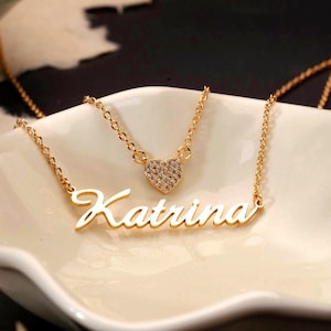 Custom Name Necklace with Heart,Diamond Heart Layered Name Necklace,Name Necklace,Double Chain Necklace,Bridesmaid Gift,Christmas Gift