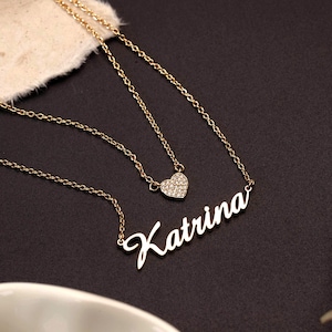 Custom Layered Necklace with Name,Diamond Heart Layered Name Necklace,Name Necklace,Double Chain Necklace,Bridesmaid Gift,Christmas Gift