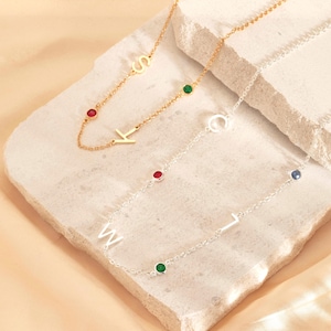 Custom Initial Birthstone Necklace,Birthstone Letter Necklace,Sideway Initial Necklace,Dainty Letter Necklace,Personalized Gifts for Her