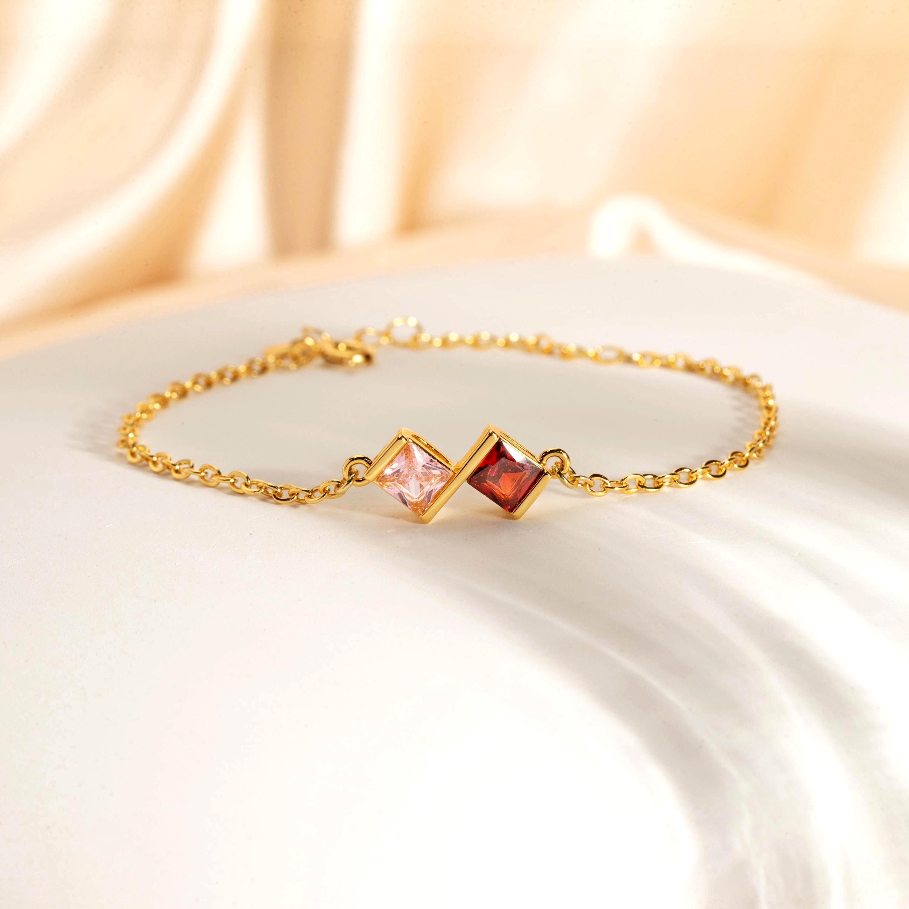 Custom Birthstone Bracelet,18k Gold Dainty Birthstone Bracelet,Multi Square Birthstone Bracelet,Family Necklace,Mother's Day Gift