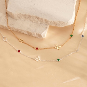 Personalized Initial Birthstone Necklace, Sideways Initial Birthstone Necklace, Dainty Monogram Necklace, Birthday Gifts, Gift for Her