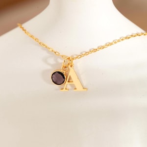 Collar con inicial de oro de 18 quilates y piedra de nacimiento, delicado collar con inicial y piedra de nacimiento, joyería con piedra de nacimiento, regalo para el Día de la Madre, regalo de cumpleaños para ella.