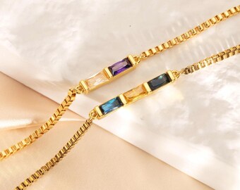 Custom Family Birthstone Bracelet, Personalized Baguette Birthstone Bracelet, 18K Gold Birthstone Bracelet, Graduation Gift, Gift For Mom