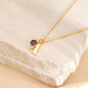 Collar con inicial personalizado y piedra de nacimiento, collar con letra y piedra de nacimiento en oro de 18 quilates, delicado collar con inicial y piedra de nacimiento, regalo de aniversario para ella.