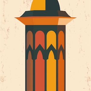 May include: A hanging lantern with a geometric design. The lantern is made of metal and has a dark green, orange, and yellow color scheme. The lantern is hanging from a chain and has a pointed bottom.
