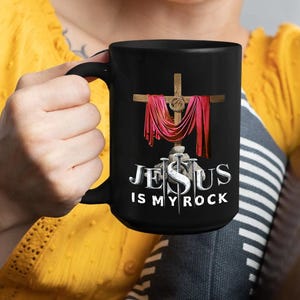 Jesus Is My Rock Mug - Christian Coffee Cup with Cross and Nails - Faith Gift for Believers, Religious Inspiration Drinkware