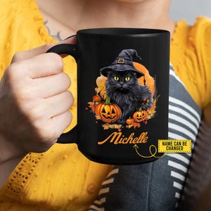 Personalized Halloween Cat Mug - Witch Cat & Pumpkins Customizable Coffee Cup - Fall Halloween Gift for Cat Lovers