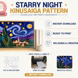 Peut inclure: Un modèle Kinusaiga numérique intitulé Starry Night présentant un design d'art textile de niveau avancé. L'image affiche un paysage coloré et texturé avec des ciels bleus tourbillonnants, des étoiles jaunes et un village. Inclut des icônes PDF.