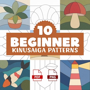 May include: A digital collection of 10 beginner Kinusaiga patterns featuring graphic illustrations of a potted plant, croissant, mushroom, koi fish, lemon, and lighthouse. The central text reads 10 BEGINNER KINUSAIGA PATTERNS with PDF and PNG icons.