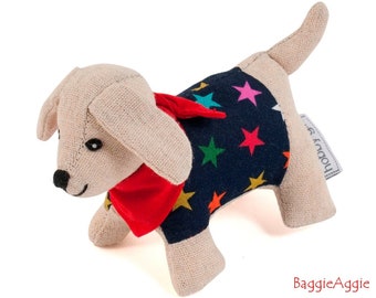 DOG Pincushion in Linen Look Natural Cotton Fabric. In Navy Stars Coat + Red Bandana. Cute Birthday Gift for a Dog Lover.