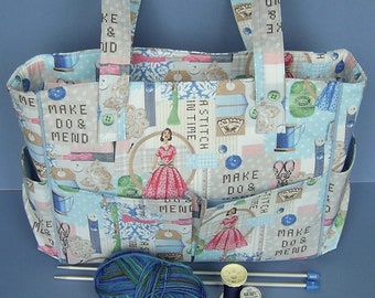 Retro Sewing Caddy with Multiple Pockets. Make Do & Mend Sewing Storage. Large Knitting Bag, Zipped. Retro Sewing Gift UK.