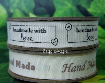 Sew In Labels for Handmade Items, 5 Metres (5.4 yds). Handmade with love.  Made with love. Cotton Packaging Ribbon By The Reel. Width 15mm.