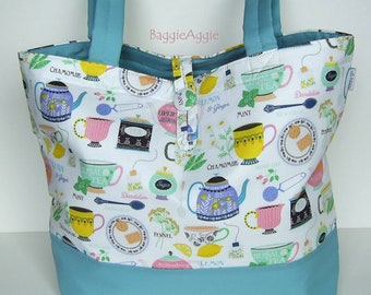 Large Knitting Bag for Tea Drinkers! Crochet + Cross Stitch Project Bag with Interior Pockets. Birthday Gift for Knitter.