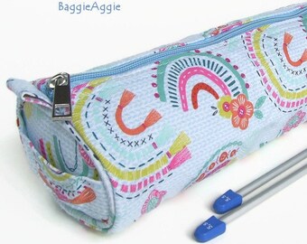 RAINBOW Knitting Needle Case, EXTRA LONG. Zipped Tunisian Crochet Hook Storage Bag. Birthday Gift for Girls.