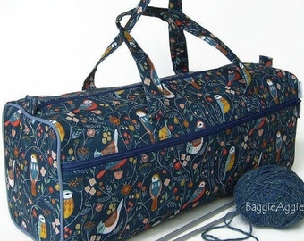 BIRDS Knitting Bag, Teal. Large Crochet Project Bag. Zipped Front Pocket + Yarn Hole. Luxury Birthday Gift for Knitter.