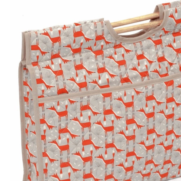 FOXES Knitting Bag. Orange + Grey Cross Stitch Storage Bag with Wooden Handles. Scandi Fox Gifts for Knitters. Knitting Gift for Kids.