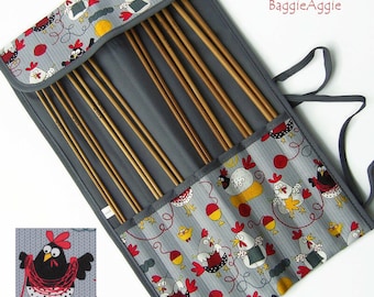 CHICKENS Knitting Needle Case + Set of Bamboo Needles. Fun + Practical Gift for a Novice Knitter.