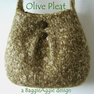 May include: A crocheted handbag in a variegated olive green and white yarn. The bag features a central pleat detail secured by two dark brown textured buttons. The text "Olive Pleat" and "a BaggieAggie design" is printed on the image.