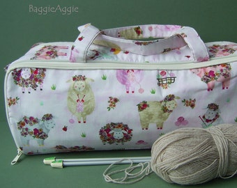 Pink SHEEP Knitting Project Bag with Needle Storage. Top Quality Birthday or Mother's Day Gift for a Knitter.