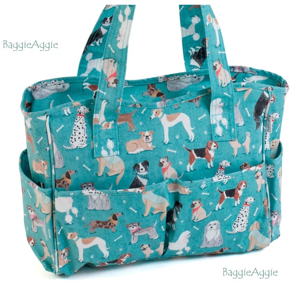 DOGS Knitting Bag with Multiple Pockets. Zipped Sewing Caddy. Practical Birthday Gift for a Dog Lover!