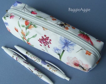 Floral Pencil Case and Pen. Wipe Clean Canvas Pouch, Zipped and Lined. Birthday Gifts for Nature Lovers.