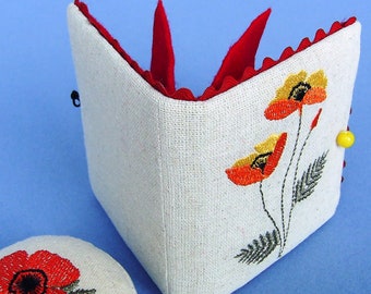 WILDFLOWERS Needlebook and Tape Measure. Red, Orange + Yellow Poppies Embroidered on Linen Look Cotton. Floral Mothers Day Gift.