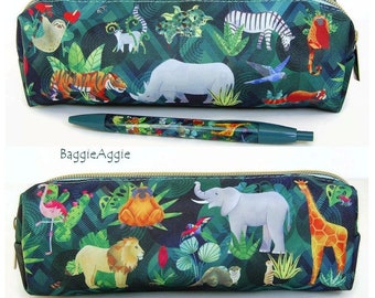 Wild Animal Pencil Case and Pen. Wipe Clean Canvas Pouch, Zipped and Lined. Birthday Gifts for Nature Lovers.