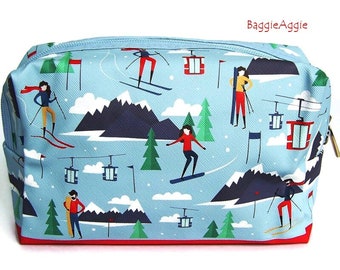 Medium Toiletry Bag, Large Zipped Make Up Case, Winter Holiday Gift for a Skier.