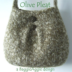 May include: A brown and white knitted tote bag with two decorative buttons. The bag has a pleat in the front and the text "Olive Pleat" and "a BaggieAggie design" are visible.