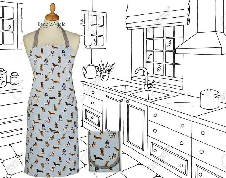 DOGS Bib Apron Oven Gloves Gift Set Pale Blue with Grey. image 1