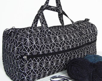 Black Knitting Bag for Men or Women. Deco Style Crochet Project Bag with Yarn Hole. Practical Gift for Knitter or Crocheter.