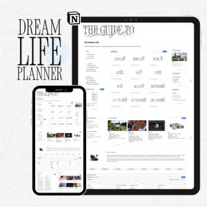 May include: A digital Dream Life Planner displayed on a tablet and a smartphone screen. The interface features a calendar with months from January to December, task lists, and sections for personal development, financial tracking, and travel planning.
