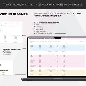 Puede incluir: Una pantalla de port&aacute;til muestra una interfaz de planificador de presupuesto con el texto "Realice un seguimiento, planifique y organice sus finanzas en un solo lugar". La interfaz incluye secciones para ingresos, gastos y ahorros, y una descripci&oacute;n general del presupuesto mensual.